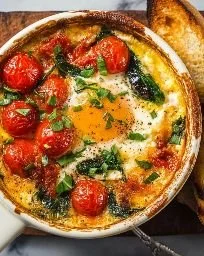 Delicious baked feta eggs with fresh tomatoes and spinach in a ceramic dish.