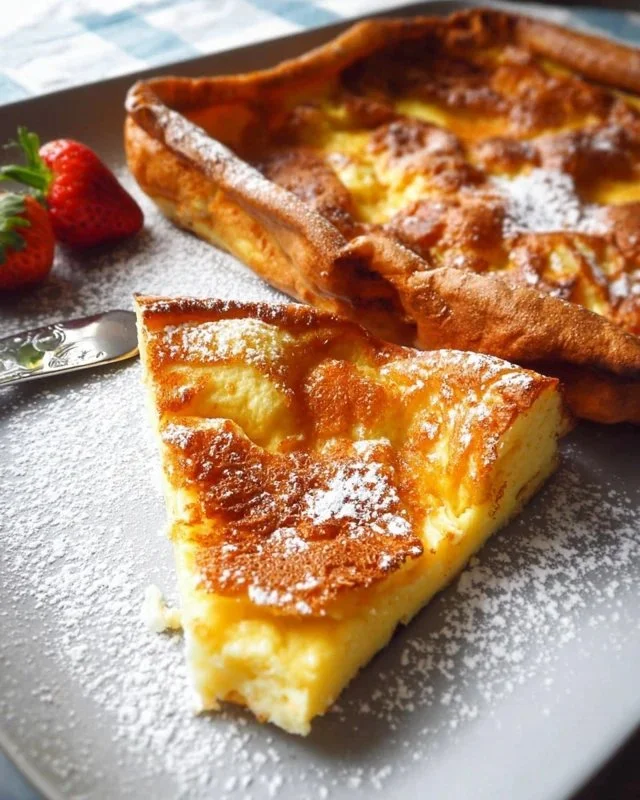 Fluffy baked German pancake served with fruit and syrup