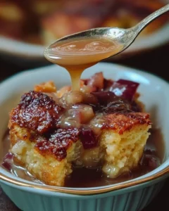 Baked sticky rhubarb pudding served in a dish, showcasing its sweet-tart layers.