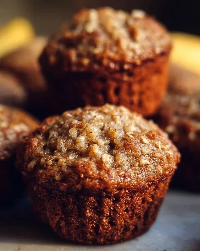 Freshly baked Banana Oatmeal Muffins on a wooden table