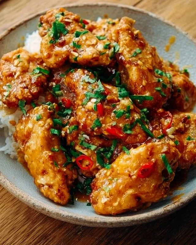 Delicious plate of Bang Bang Chicken with spicy sauce and garnishes.