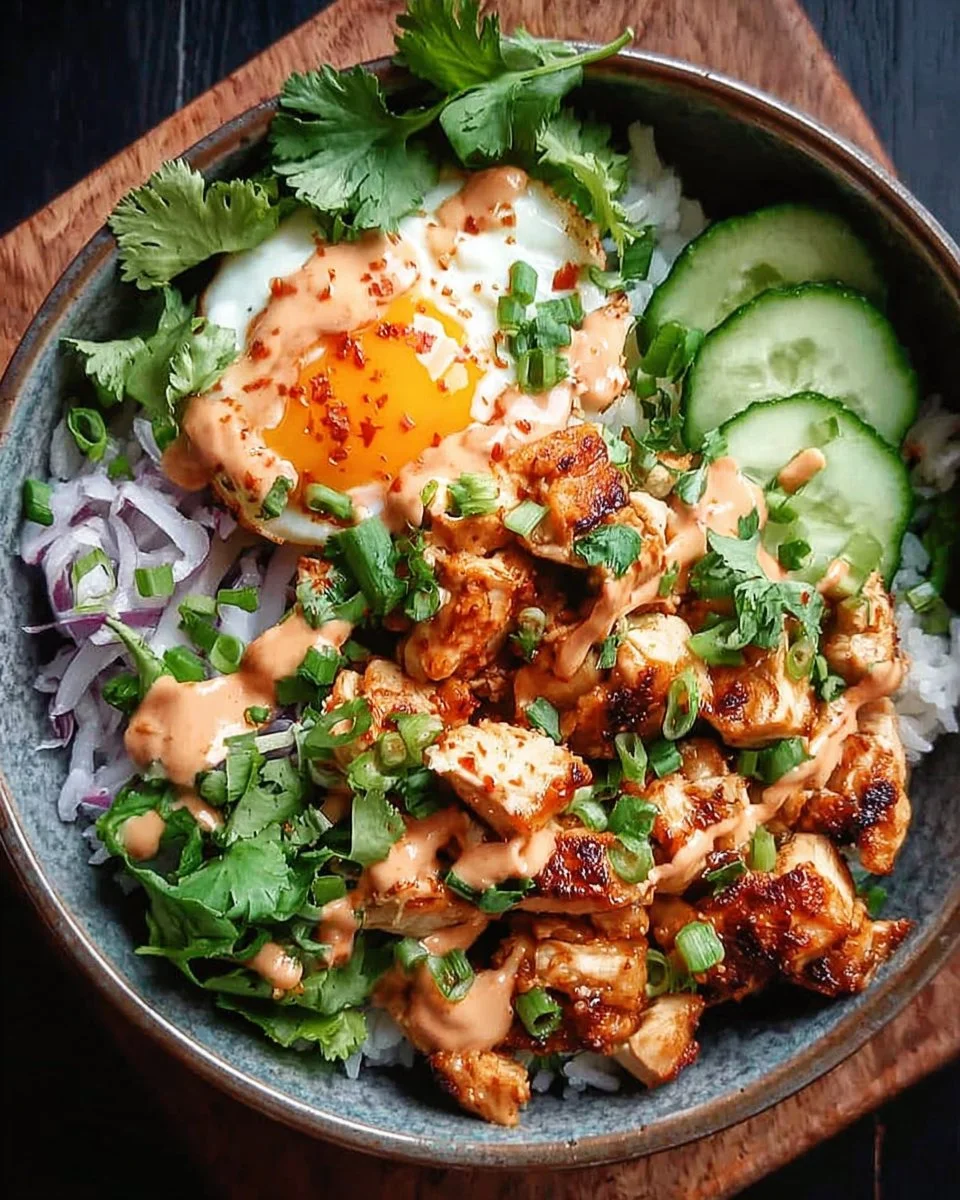 A colorful bowl of Bang Bang Chicken topped with veggies and sauce