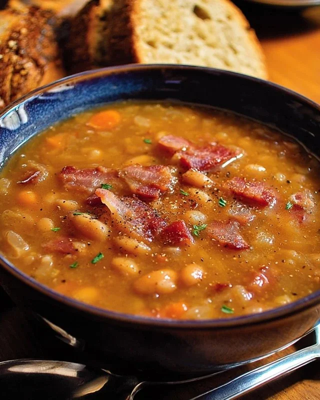 Bowl of rich Bean with Bacon Soup garnished with parsley and crispy bacon.