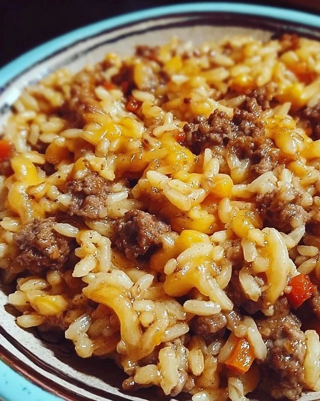 Baked Beef and Rice Casserole topped with cheese and herbs in a serving dish
