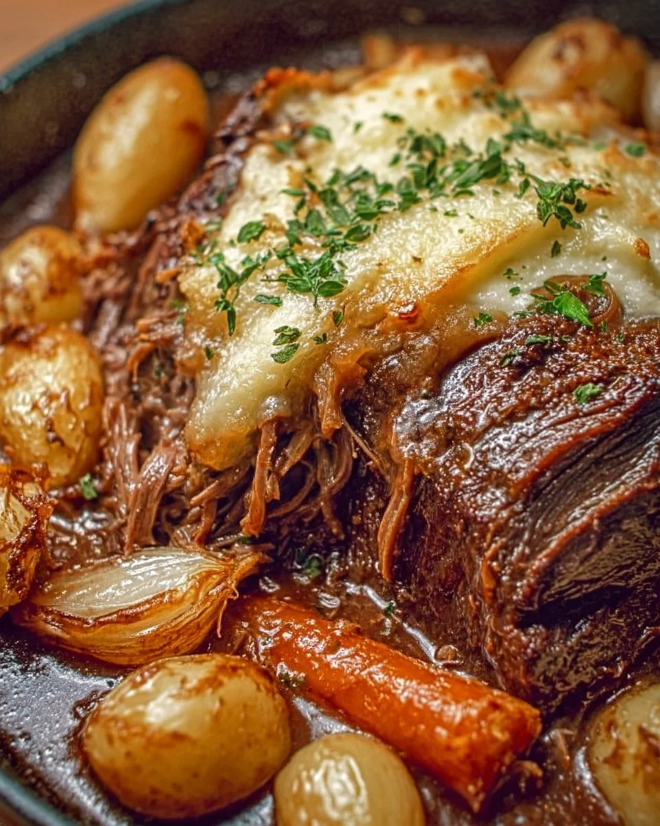 Delicious beef roast cooking in a pot with herbs and spices