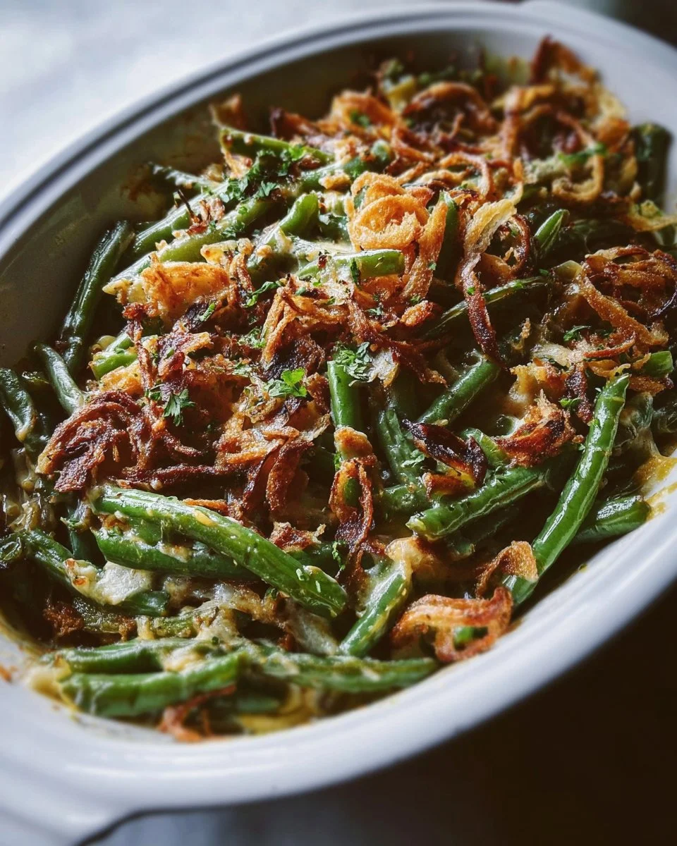 Delicious best-ever green bean casserole topped with crispy onions