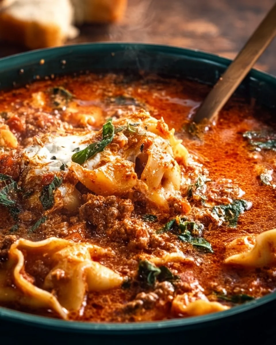 Delicious bowl of One-Pot Lasagna Soup with cheese and herbs