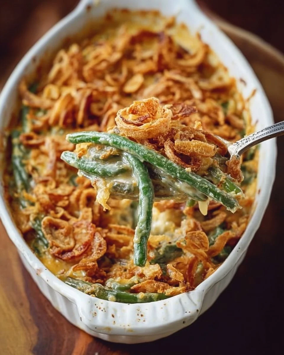 Delicious green bean casserole topped with crispy onions and creamy sauce
