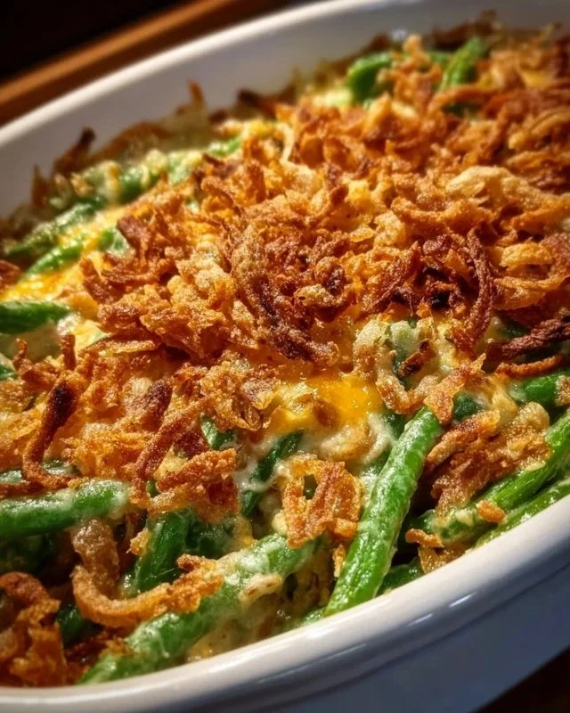 Delicious best green bean casserole served in a dish with crispy topping
