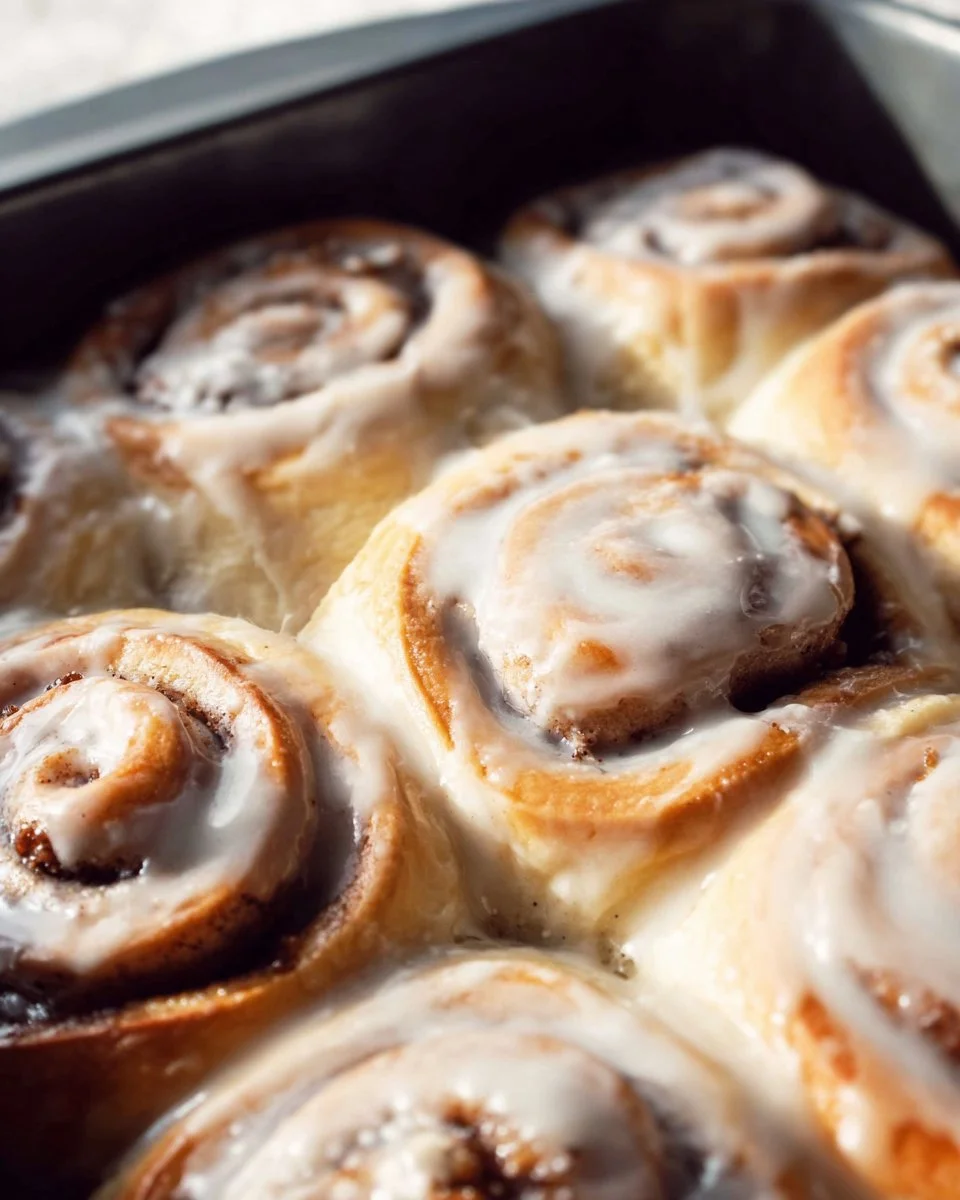 Delicious homemade cinnamon rolls topped with cream cheese frosting