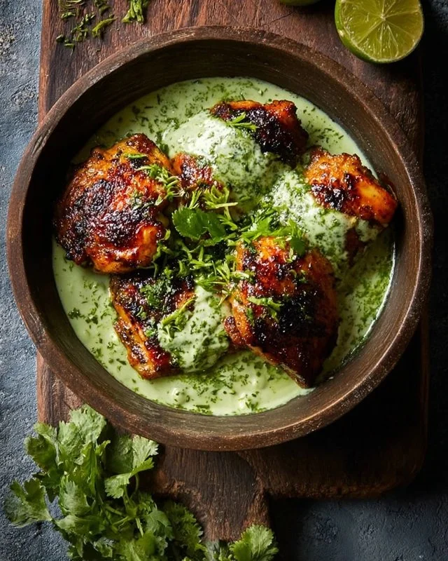 Best Peruvian chicken served with creamy green sauce on a plate.