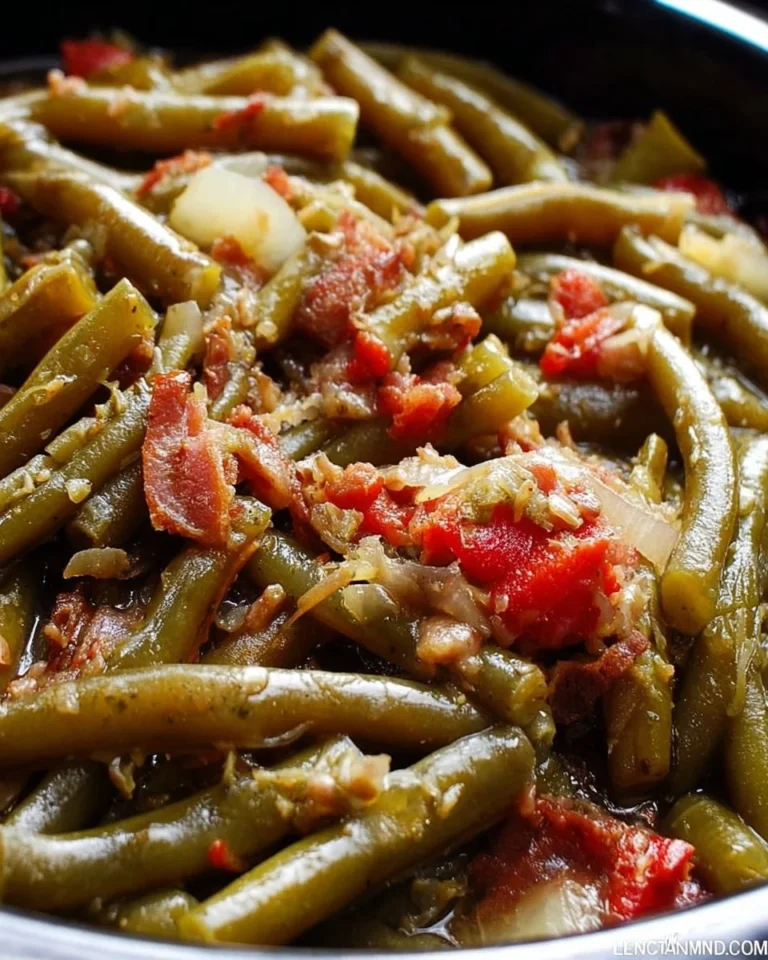 Delicious southern-style crockpot green beans in a serving dish