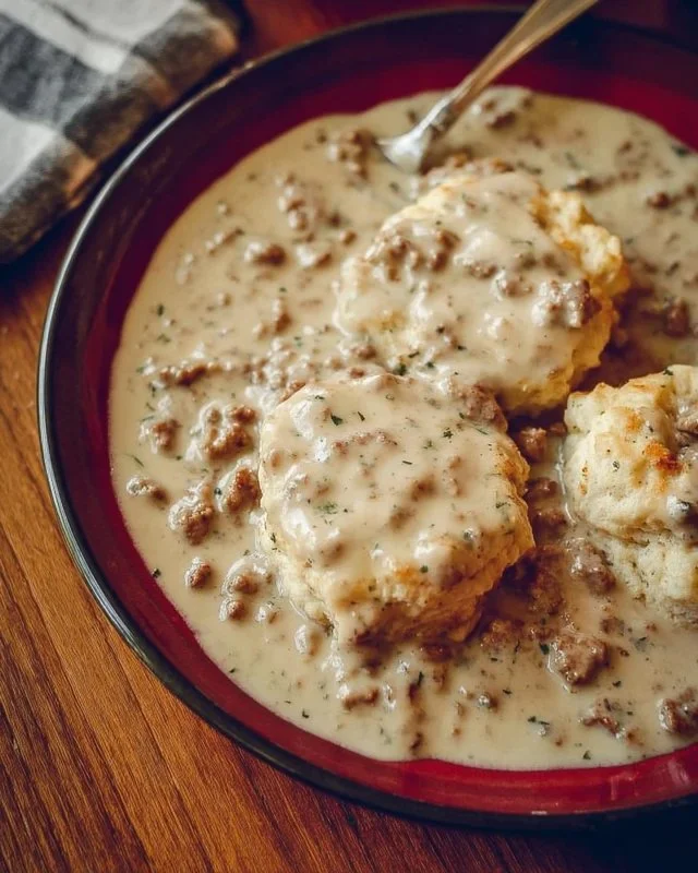 Plate of homemade biscuits and gravy with sausage and herbs