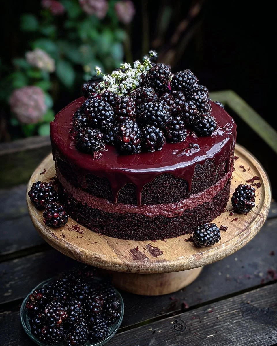 Slice of Blackberry Velvet Gothic Cake with rich, dark layers and blackberry toppings
