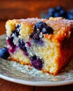 Delicious blueberry breakfast cake served on a plate with fresh blueberries