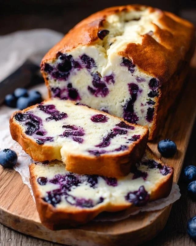 Freshly baked Blueberry Cream Cheese Bread on a wooden table