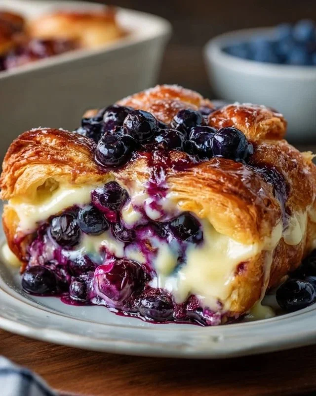 Blueberry cream cheese croissant casserole baked to perfection.