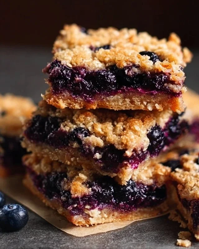 Blueberry oatmeal bars fresh out of the oven, topped with blueberries.