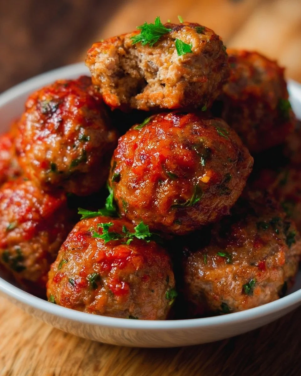 Bobby Flay's delicious Italian Meatballs served with marinara sauce and garnished.
