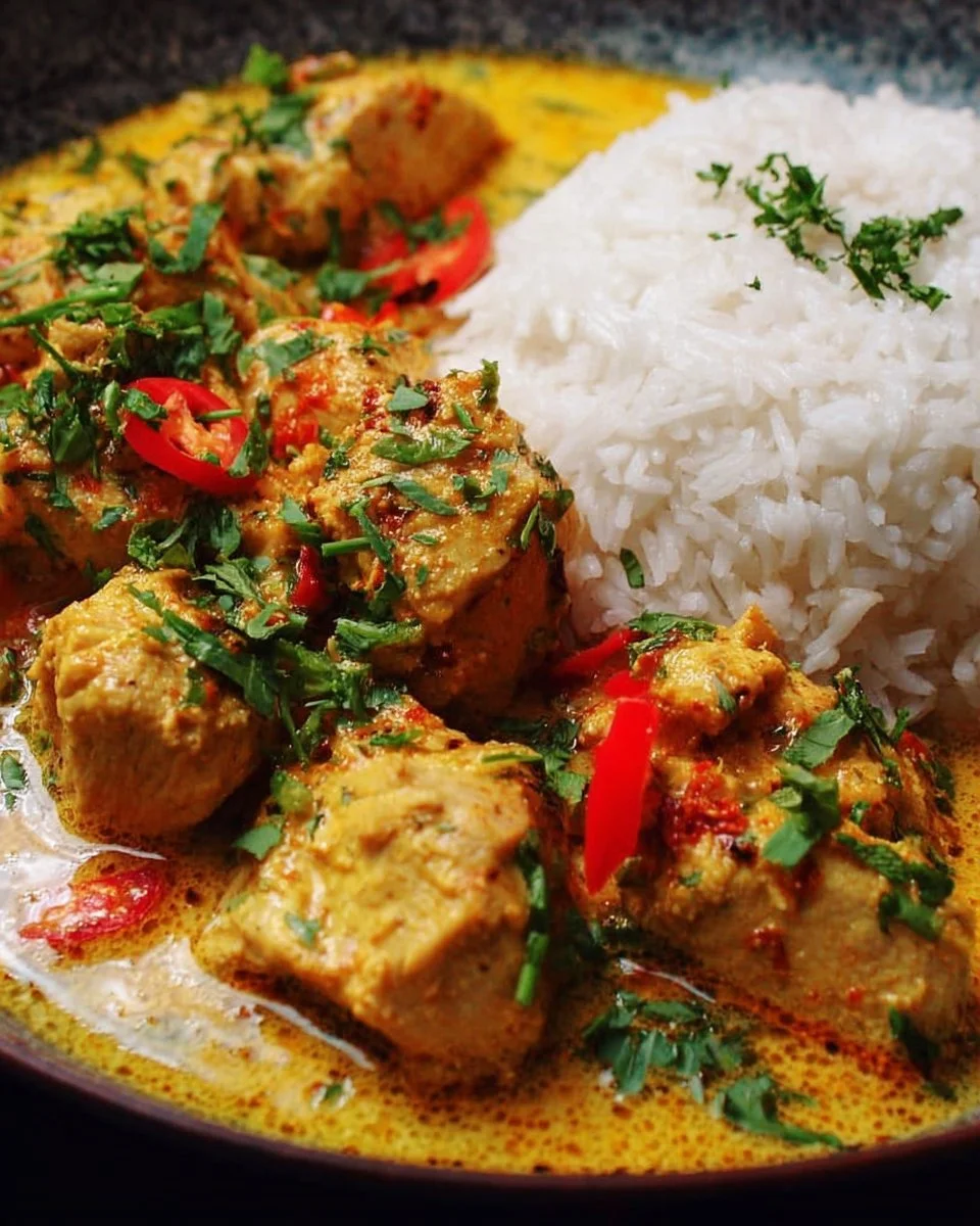 Delicious Brazilian Coconut Chicken served on a plate with fresh herbs