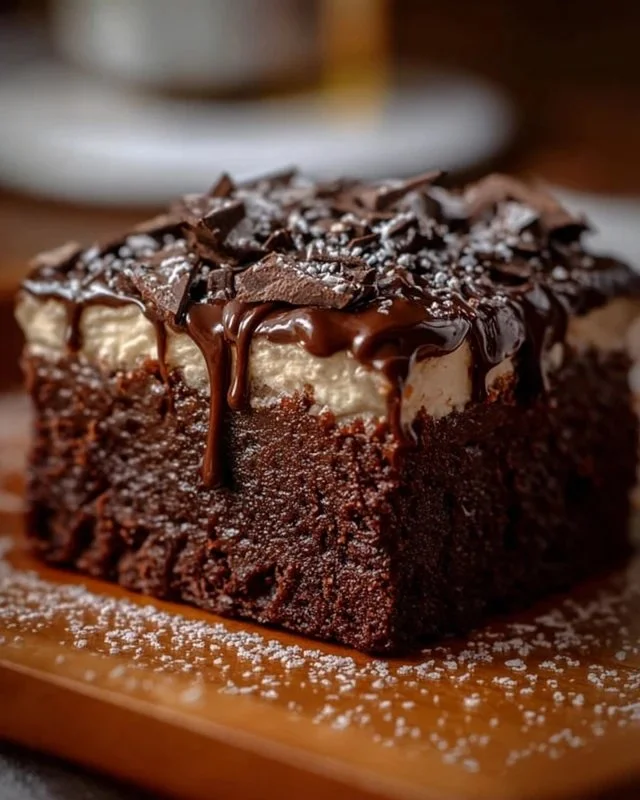 Delicious Brownie Refrigerator Cake layered with chocolate frosting