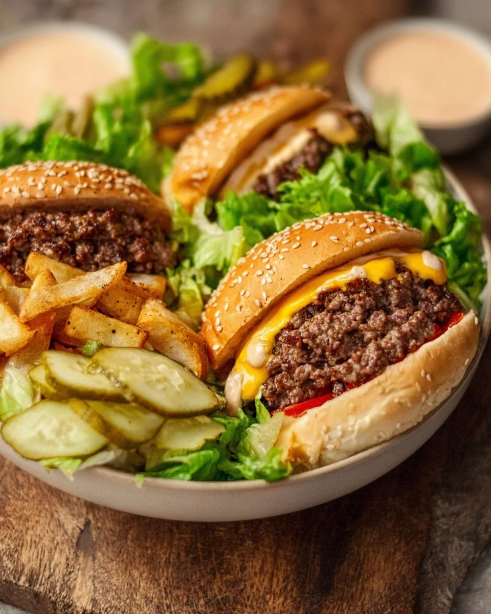 Colorful Burger Bowls with fresh ingredients and toppings ready to serve