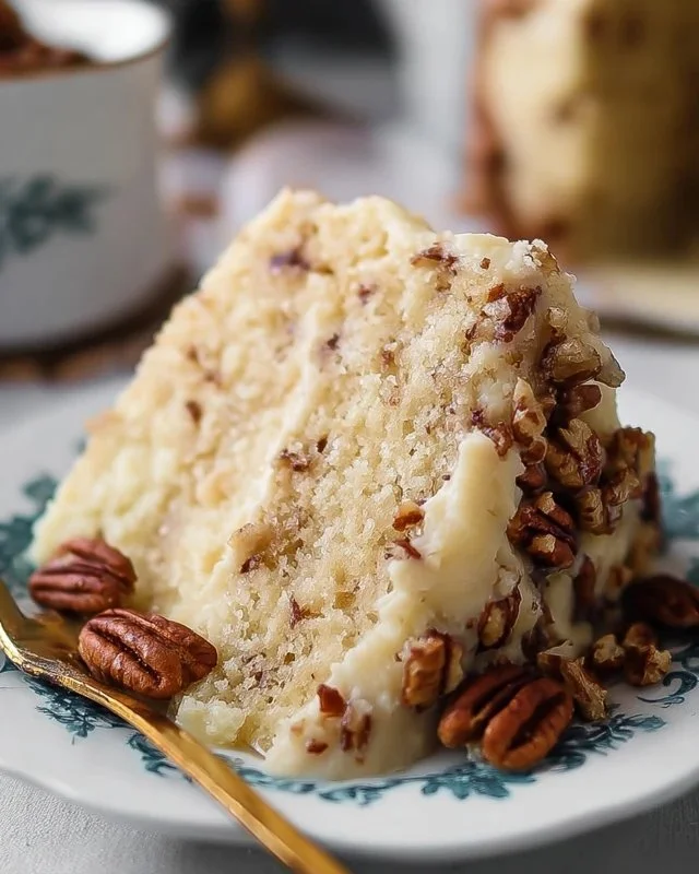 Delicious Butter Pecan Cake topped with pecans and rich buttercream frosting