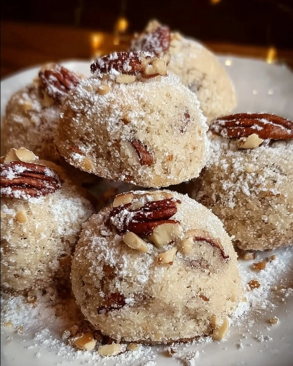 Buttery pecan snowball cookies on a plate, dusted with powdered sugar.
