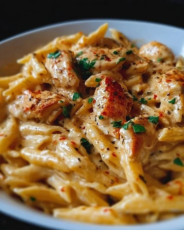 Plate of Cajun Chicken Pasta topped with herbs and spices