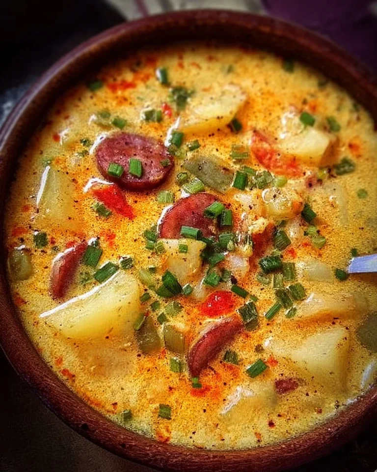 Bowl of delicious Cajun Potato Soup garnished with herbs and spices