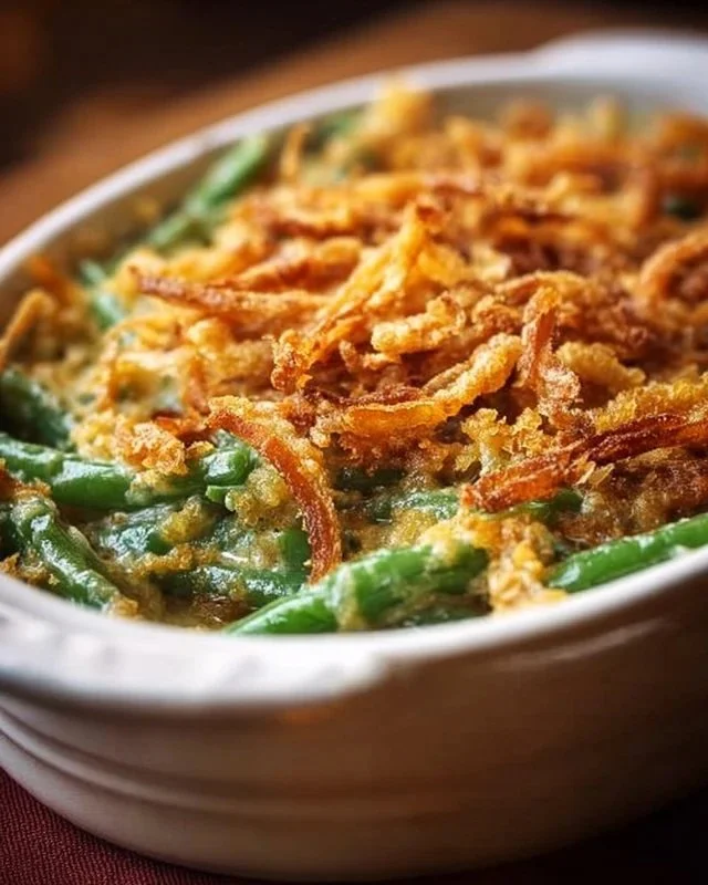 Delicious Campbell's Green Bean Casserole topped with crispy fried onions.