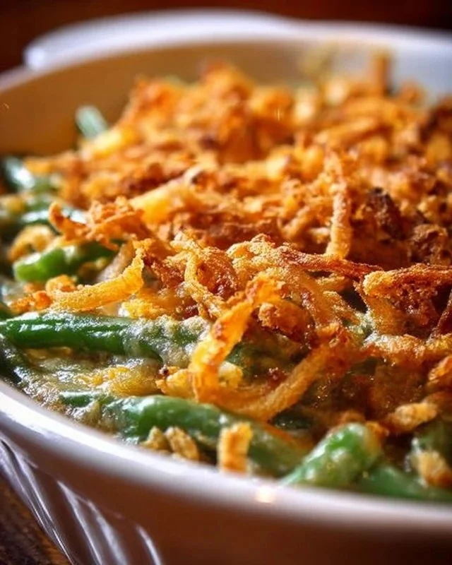 Delicious Campbell's Green Bean Casserole topped with crispy onions
