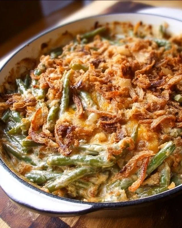 Delicious Campbell's Green Bean Casserole served in a baking dish
