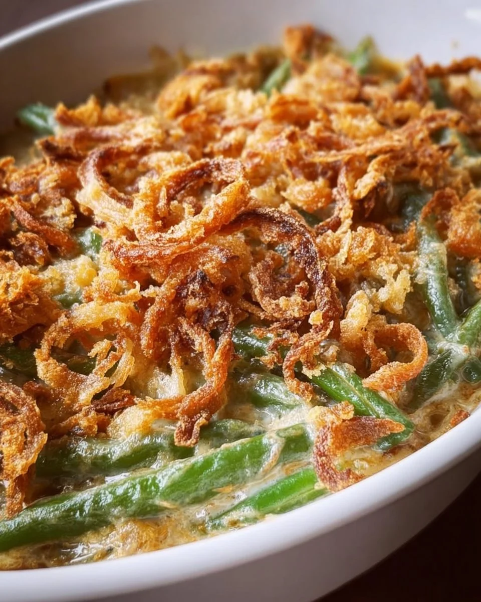 Delicious Campbell's Green Bean Casserole served in a rustic dish