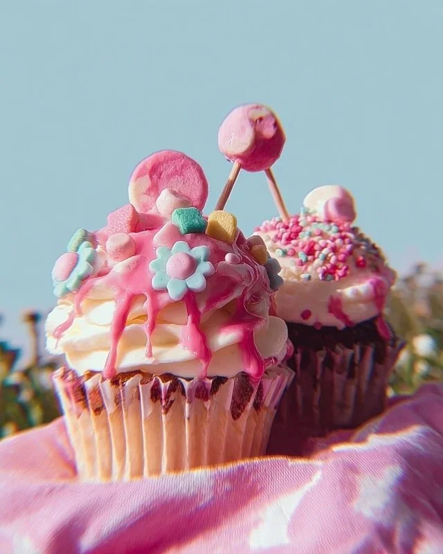 Colorful Candy Meadow Cupcakes topped with vibrant candy decorations.