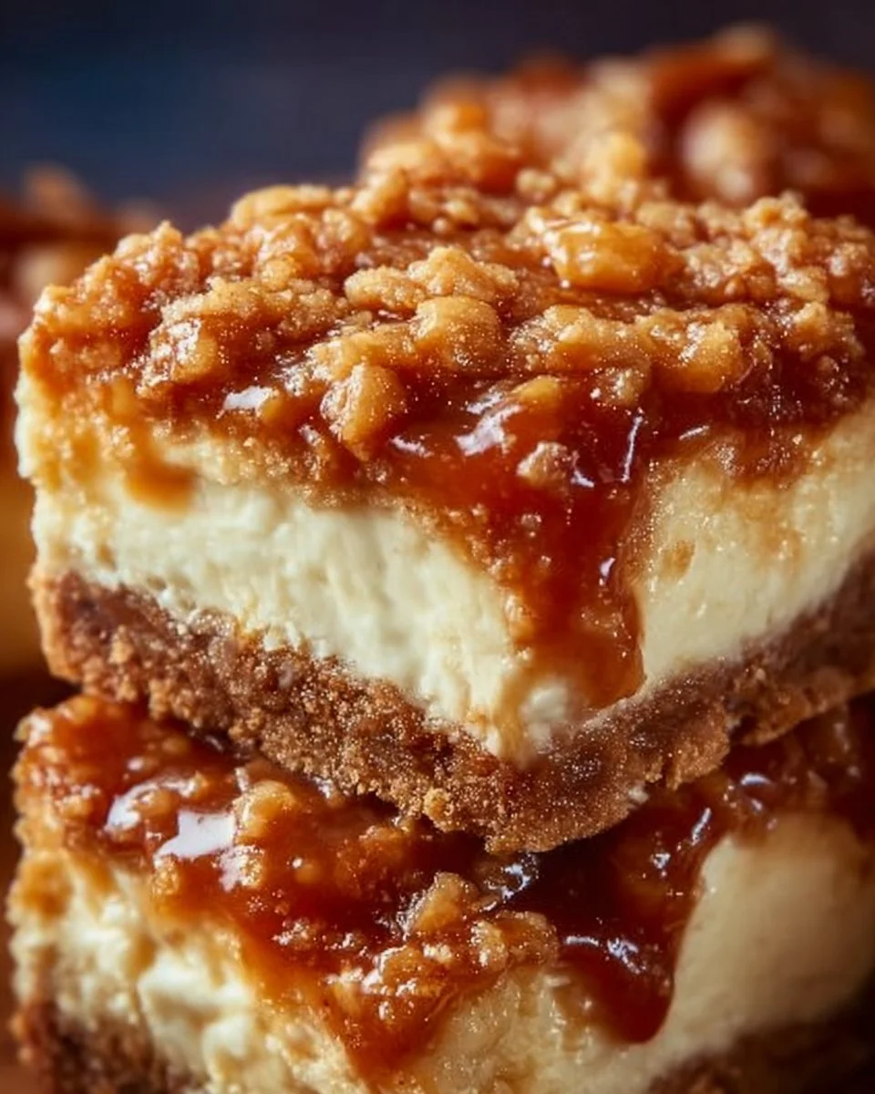 Delicious caramel apple cheesecake bars topped with caramel drizzle and apple slices