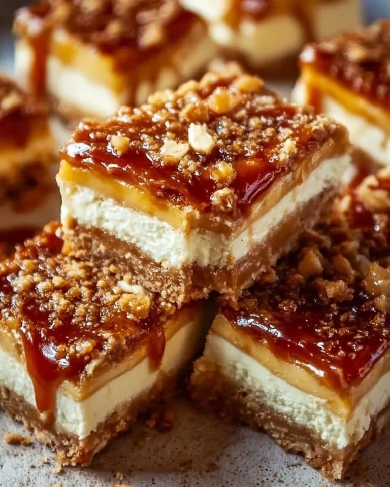 Delicious Caramel Apple Cheesecake Bars with caramel drizzle and apple slices.