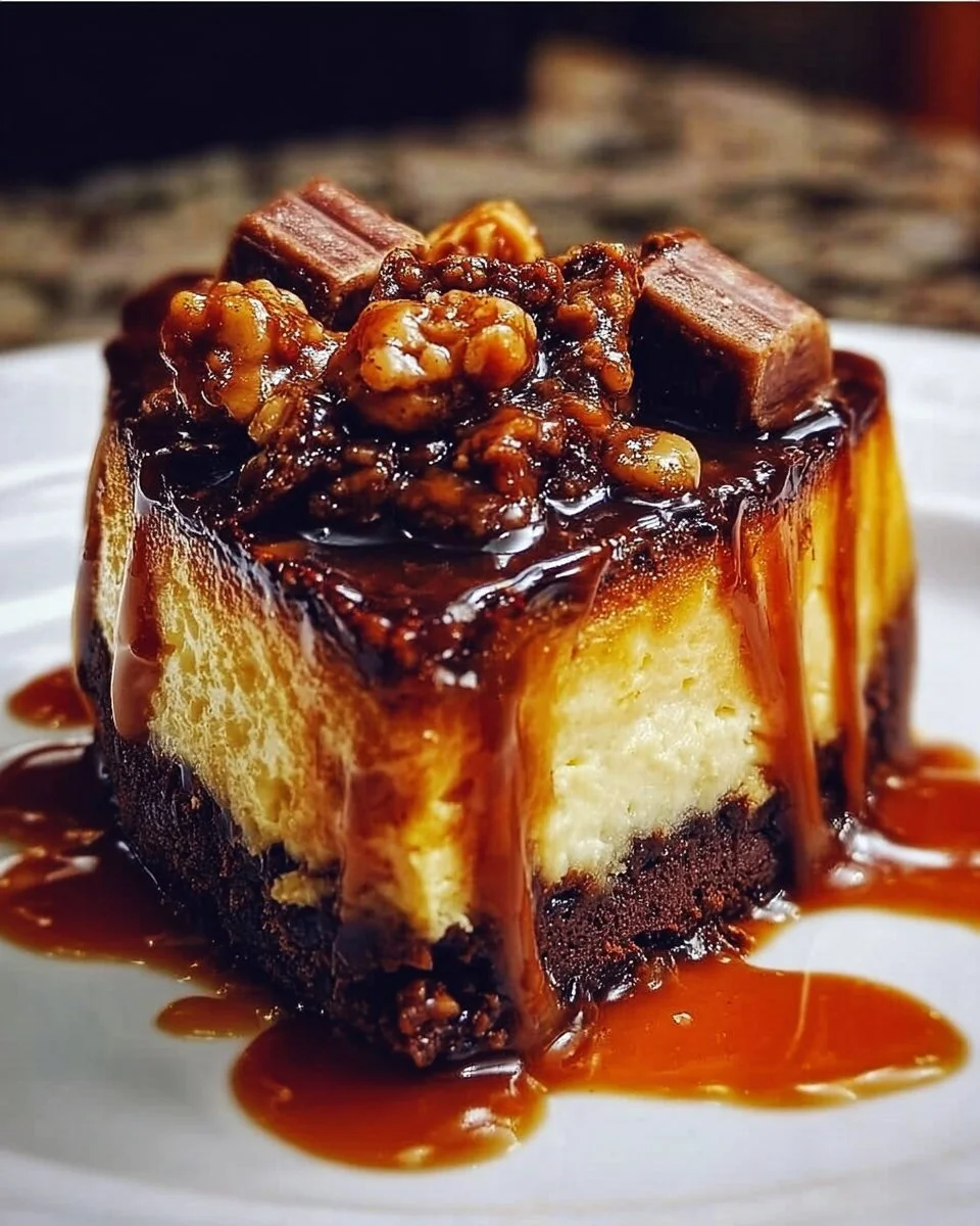Delicious caramel brownie cheesecake with a creamy layer on a fudgy brownie base