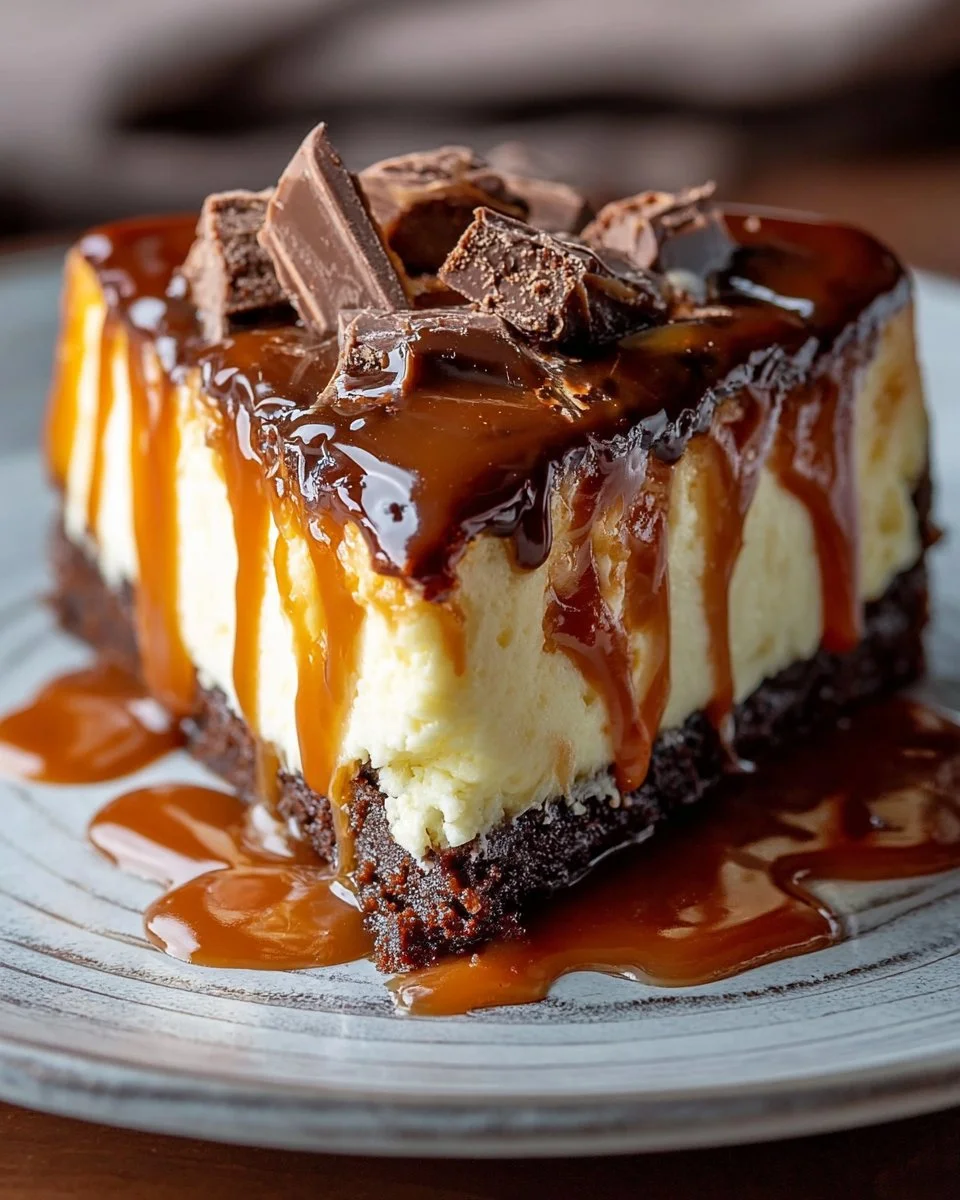 Delicious Caramel Brownie Cheesecake topped with caramel drizzle and chocolate