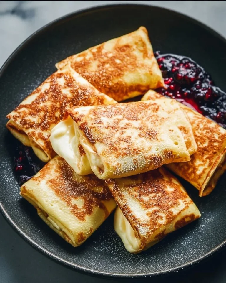 Delicious cheese blintzes served with fresh fruit and sour cream