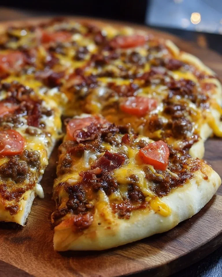 Delicious cheeseburger pizza topped with beef, cheese, and pickles.
