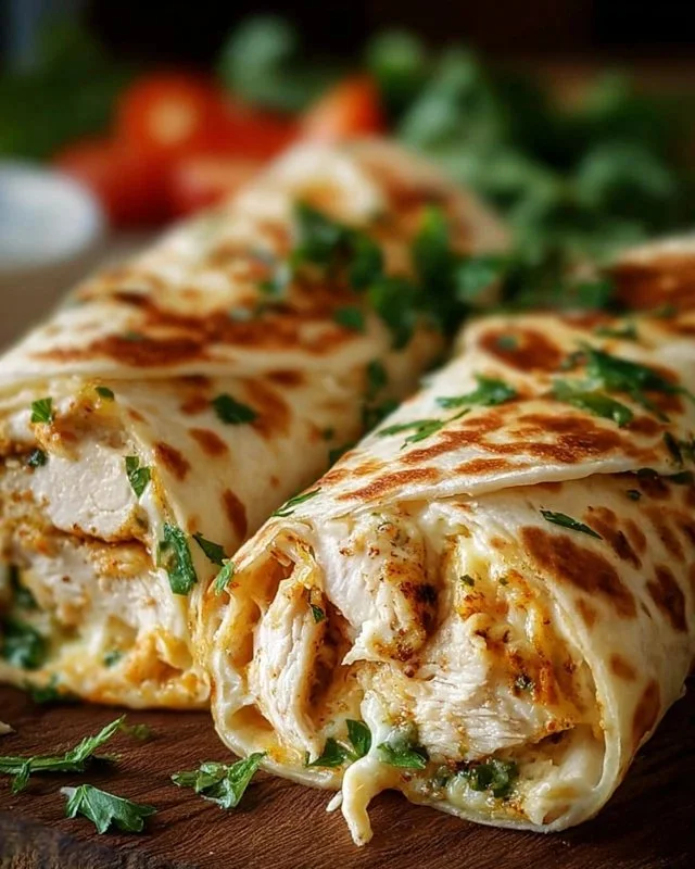 Cheesy Chicken Garlic Wraps featuring grilled chicken and melted cheese in a tortilla