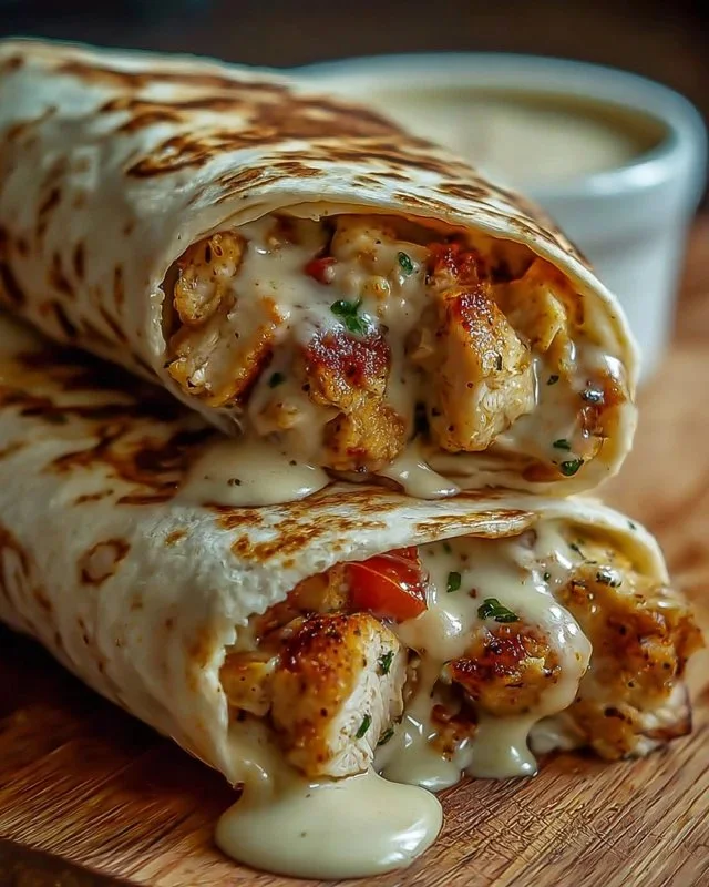 Cheesy garlic chicken wraps filled with grilled chicken, cheese, and fresh herbs.