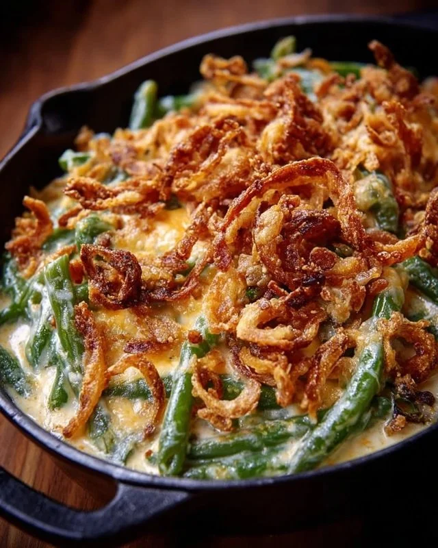 Cheesy green bean casserole topped with crispy onions for the ultimate holiday side dish
