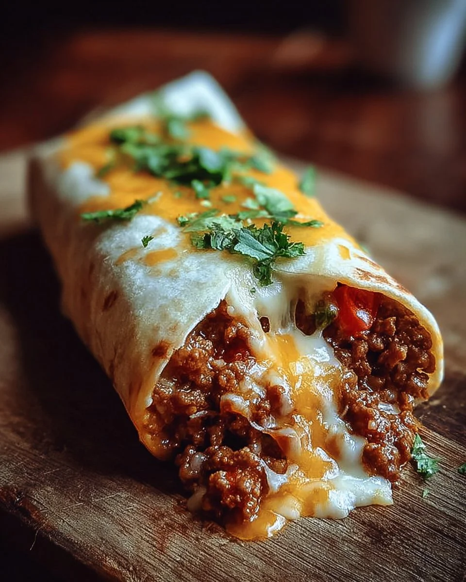 Cheesy ground beef burrito filled with flavorful ingredients