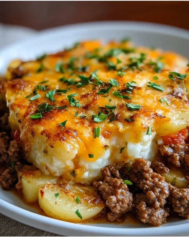 Cheesy Ground Beef & Potato Casserole baked to perfection in a casserole dish