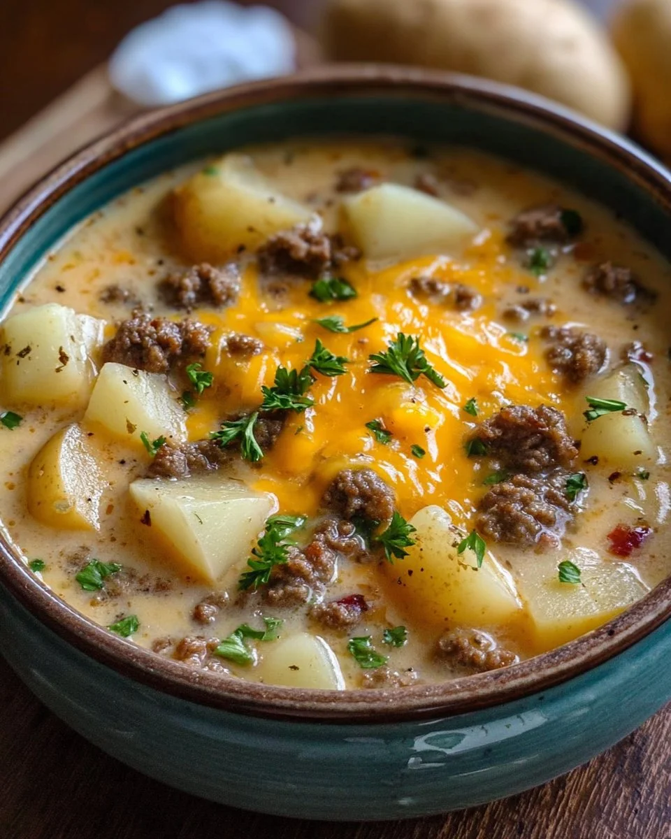 Bowl of cheesy hamburger potato soup topped with cheese and herbs