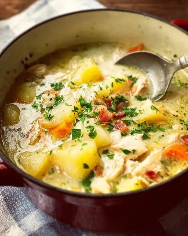 Bowl of comforting Chicken Potato Soup with chicken pieces and potatoes