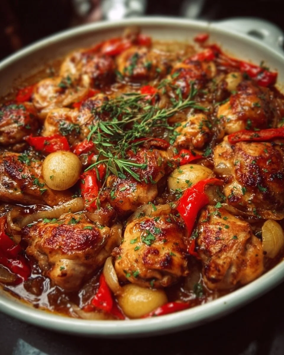 Delicious Chicken Scarpariello served with peppers and herbs