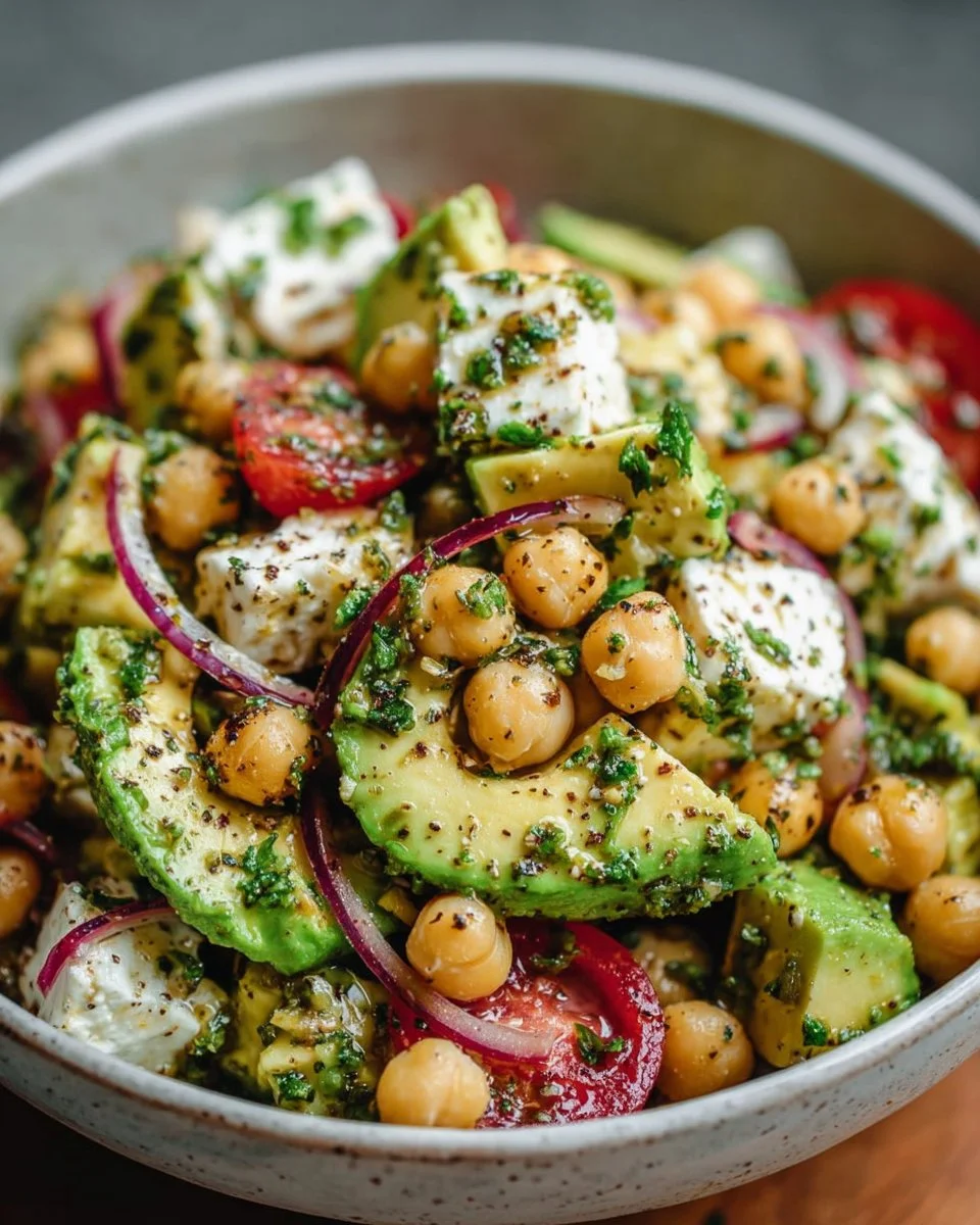 Chickpea Feta Avocado Salad with fresh ingredients in a bowl